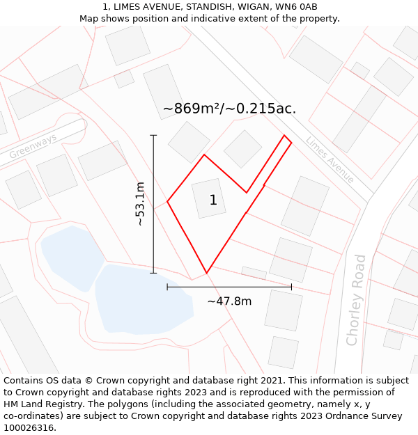 1, LIMES AVENUE, STANDISH, WIGAN, WN6 0AB: Plot and title map