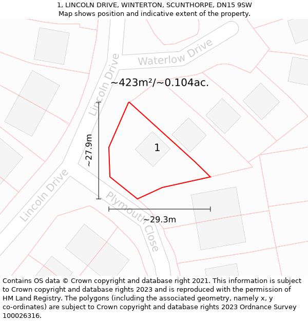 1, LINCOLN DRIVE, WINTERTON, SCUNTHORPE, DN15 9SW: Plot and title map