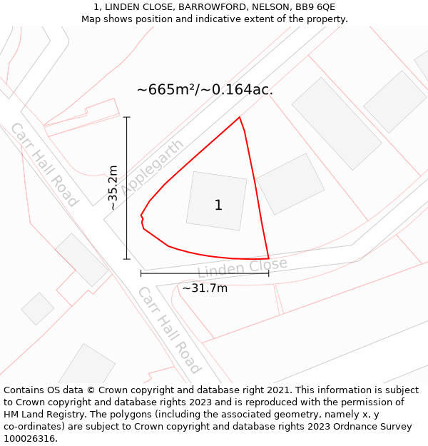 1, LINDEN CLOSE, BARROWFORD, NELSON, BB9 6QE: Plot and title map