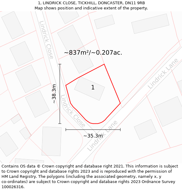 1, LINDRICK CLOSE, TICKHILL, DONCASTER, DN11 9RB: Plot and title map