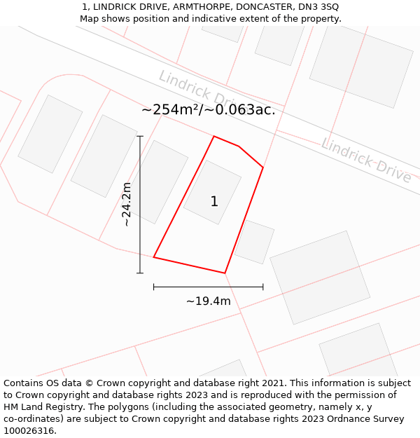 1, LINDRICK DRIVE, ARMTHORPE, DONCASTER, DN3 3SQ: Plot and title map