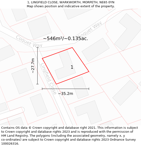 1, LINGFIELD CLOSE, WARKWORTH, MORPETH, NE65 0YN: Plot and title map