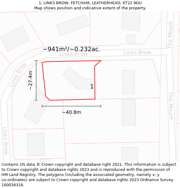 1, LINKS BROW, FETCHAM, LEATHERHEAD, KT22 9DU: Plot and title map