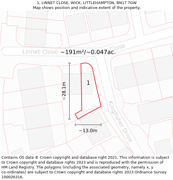 1, LINNET CLOSE, WICK, LITTLEHAMPTON, BN17 7GW: Plot and title map