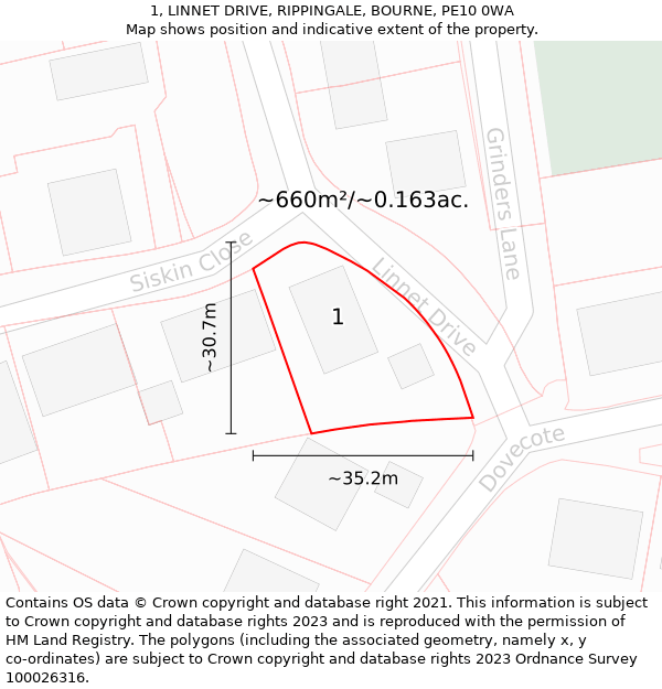 1, LINNET DRIVE, RIPPINGALE, BOURNE, PE10 0WA: Plot and title map