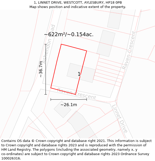 1, LINNET DRIVE, WESTCOTT, AYLESBURY, HP18 0PB: Plot and title map