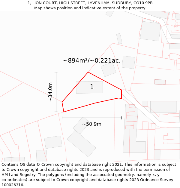 1, LION COURT, HIGH STREET, LAVENHAM, SUDBURY, CO10 9PR: Plot and title map