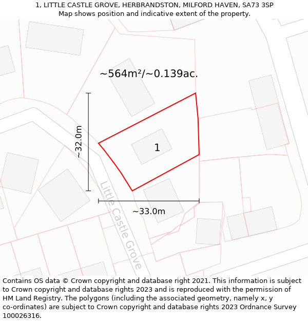 1, LITTLE CASTLE GROVE, HERBRANDSTON, MILFORD HAVEN, SA73 3SP: Plot and title map