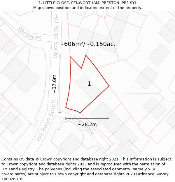 1, LITTLE CLOSE, PENWORTHAM, PRESTON, PR1 9YL: Plot and title map