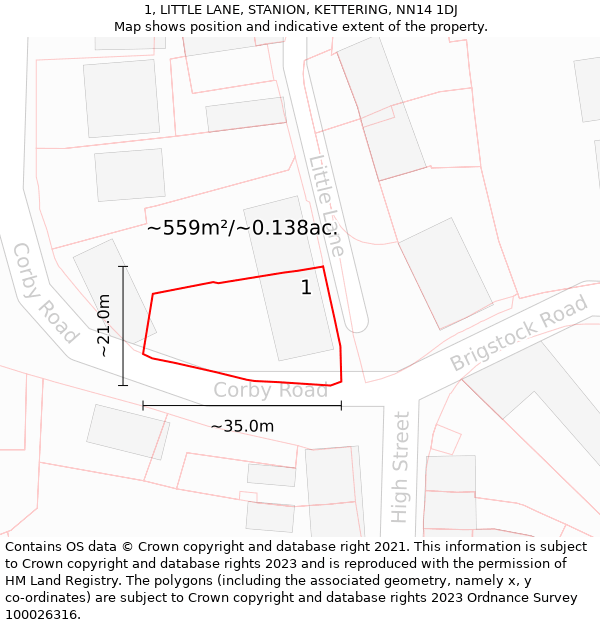 1, LITTLE LANE, STANION, KETTERING, NN14 1DJ: Plot and title map