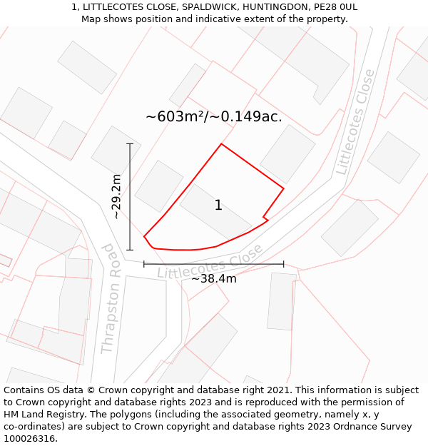 1, LITTLECOTES CLOSE, SPALDWICK, HUNTINGDON, PE28 0UL: Plot and title map