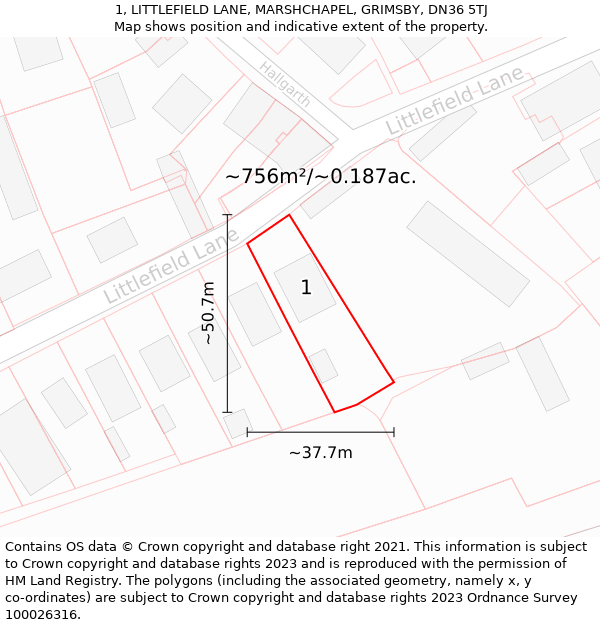 1, LITTLEFIELD LANE, MARSHCHAPEL, GRIMSBY, DN36 5TJ: Plot and title map