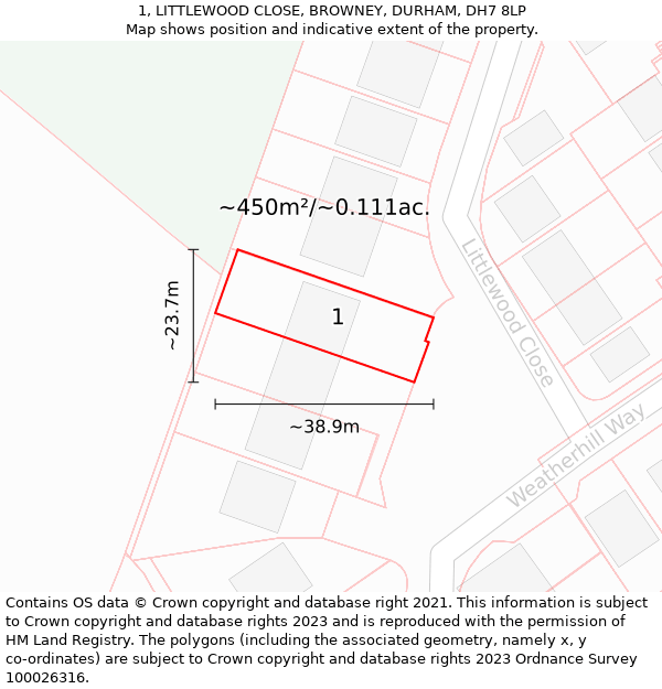 1, LITTLEWOOD CLOSE, BROWNEY, DURHAM, DH7 8LP: Plot and title map