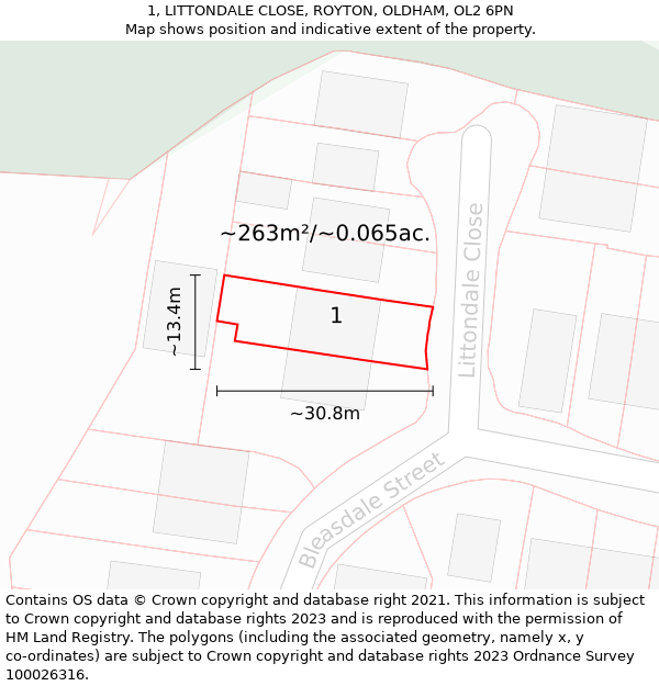 1, LITTONDALE CLOSE, ROYTON, OLDHAM, OL2 6PN: Plot and title map