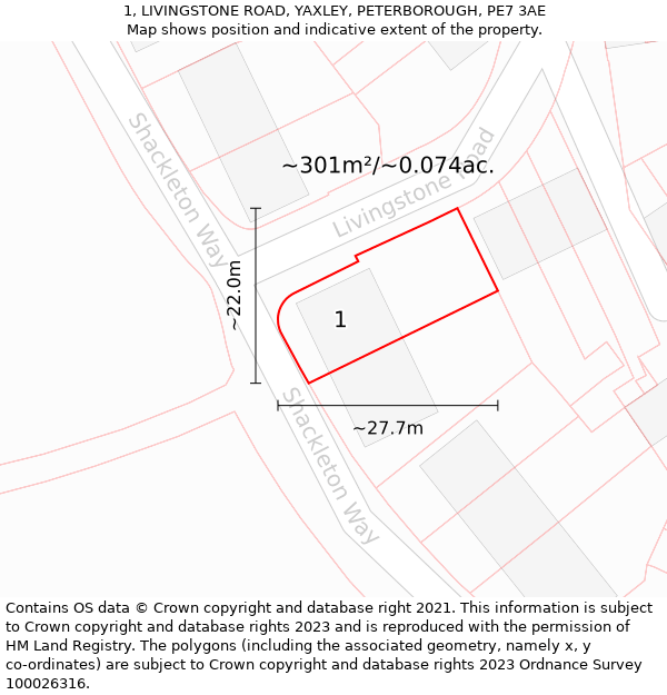 1, LIVINGSTONE ROAD, YAXLEY, PETERBOROUGH, PE7 3AE: Plot and title map