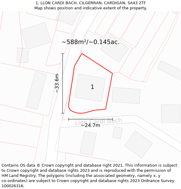 1, LLON CARDI BACH, CILGERRAN, CARDIGAN, SA43 2TF: Plot and title map