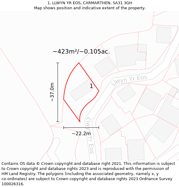 1, LLWYN YR EOS, CARMARTHEN, SA31 3GH: Plot and title map