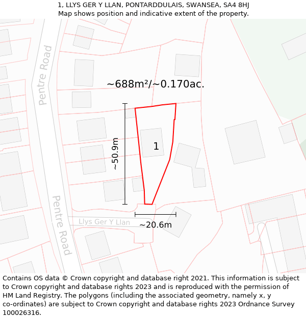 1, LLYS GER Y LLAN, PONTARDDULAIS, SWANSEA, SA4 8HJ: Plot and title map