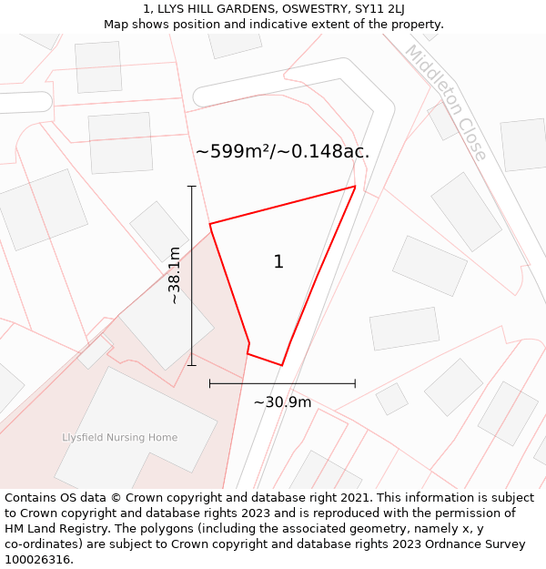 1, LLYS HILL GARDENS, OSWESTRY, SY11 2LJ: Plot and title map