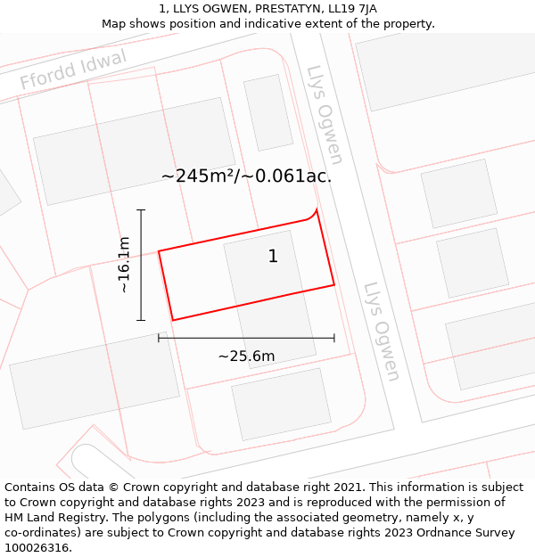 1, LLYS OGWEN, PRESTATYN, LL19 7JA: Plot and title map