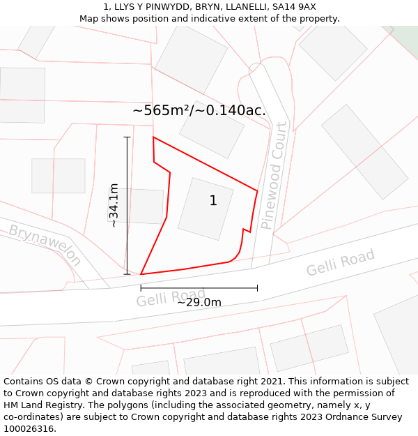 1, LLYS Y PINWYDD, BRYN, LLANELLI, SA14 9AX: Plot and title map