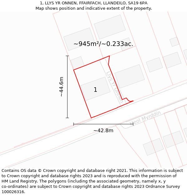 1, LLYS YR ONNEN, FFAIRFACH, LLANDEILO, SA19 6PA: Plot and title map