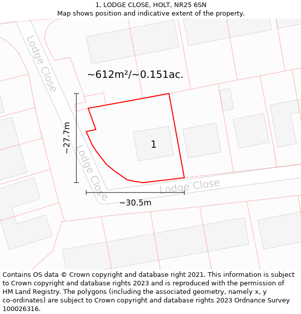 1, LODGE CLOSE, HOLT, NR25 6SN: Plot and title map