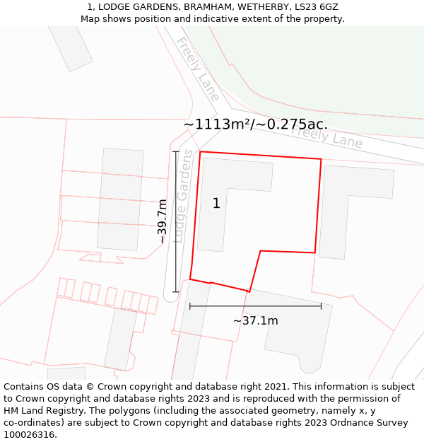 1, LODGE GARDENS, BRAMHAM, WETHERBY, LS23 6GZ: Plot and title map