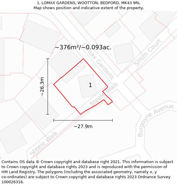 1, LOMAX GARDENS, WOOTTON, BEDFORD, MK43 9RL: Plot and title map