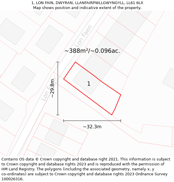 1, LON FAIN, DWYRAN, LLANFAIRPWLLGWYNGYLL, LL61 6LX: Plot and title map