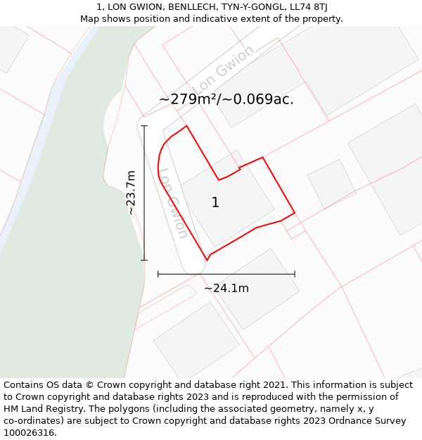 1, LON GWION, BENLLECH, TYN-Y-GONGL, LL74 8TJ: Plot and title map