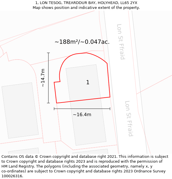 1, LON TESOG, TREARDDUR BAY, HOLYHEAD, LL65 2YX: Plot and title map