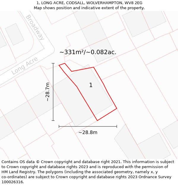 1, LONG ACRE, CODSALL, WOLVERHAMPTON, WV8 2EG: Plot and title map