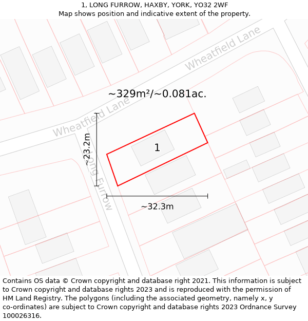 1, LONG FURROW, HAXBY, YORK, YO32 2WF: Plot and title map