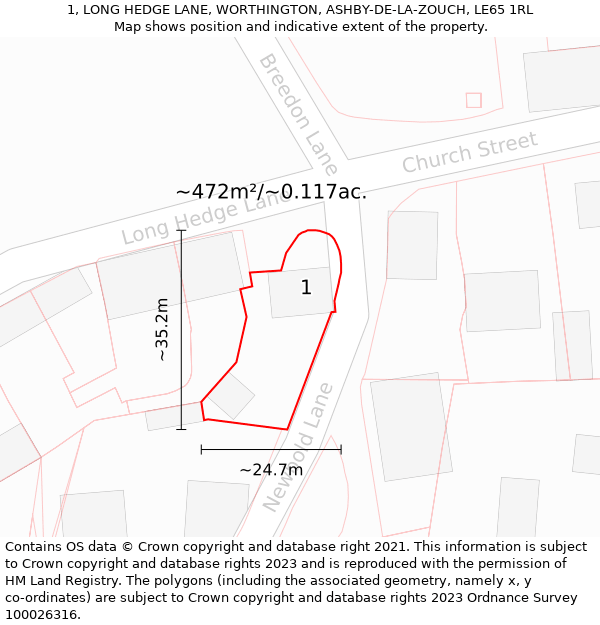 1, LONG HEDGE LANE, WORTHINGTON, ASHBY-DE-LA-ZOUCH, LE65 1RL: Plot and title map