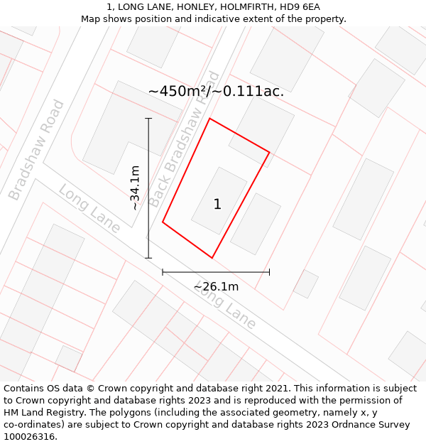 1, LONG LANE, HONLEY, HOLMFIRTH, HD9 6EA: Plot and title map