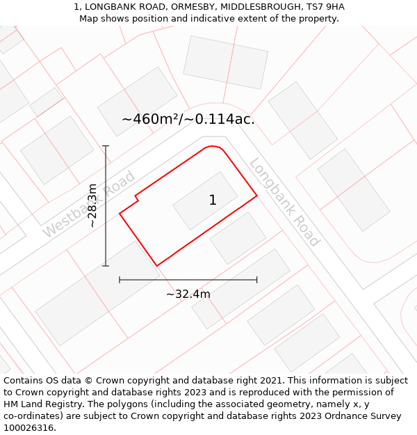 1, LONGBANK ROAD, ORMESBY, MIDDLESBROUGH, TS7 9HA: Plot and title map