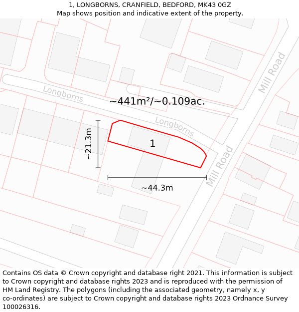 1, LONGBORNS, CRANFIELD, BEDFORD, MK43 0GZ: Plot and title map