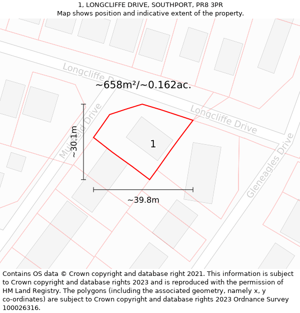 1, LONGCLIFFE DRIVE, SOUTHPORT, PR8 3PR: Plot and title map