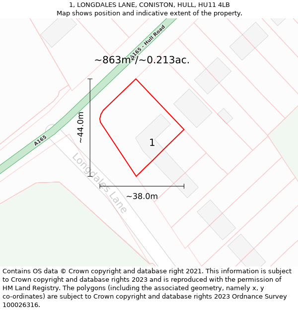 1, LONGDALES LANE, CONISTON, HULL, HU11 4LB: Plot and title map