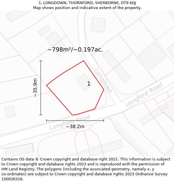 1, LONGDOWN, THORNFORD, SHERBORNE, DT9 6QJ: Plot and title map