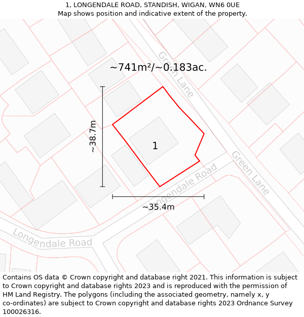 1, LONGENDALE ROAD, STANDISH, WIGAN, WN6 0UE: Plot and title map