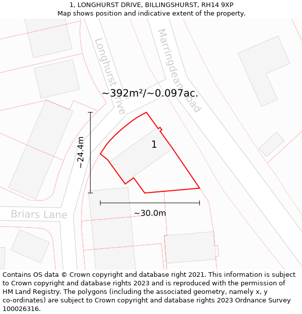 1, LONGHURST DRIVE, BILLINGSHURST, RH14 9XP: Plot and title map