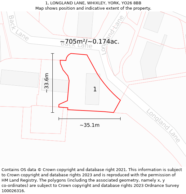 1, LONGLAND LANE, WHIXLEY, YORK, YO26 8BB: Plot and title map