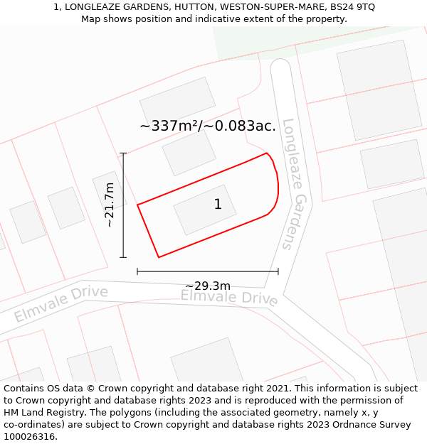 1, LONGLEAZE GARDENS, HUTTON, WESTON-SUPER-MARE, BS24 9TQ: Plot and title map