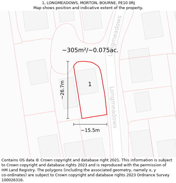 1, LONGMEADOWS, MORTON, BOURNE, PE10 0RJ: Plot and title map