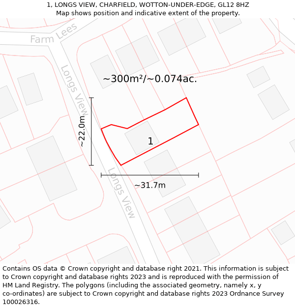 1, LONGS VIEW, CHARFIELD, WOTTON-UNDER-EDGE, GL12 8HZ: Plot and title map