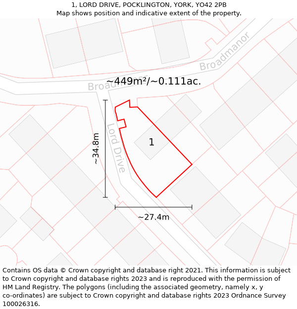 1, LORD DRIVE, POCKLINGTON, YORK, YO42 2PB: Plot and title map