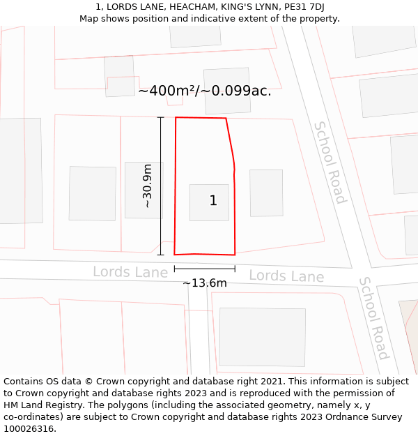 1, LORDS LANE, HEACHAM, KING'S LYNN, PE31 7DJ: Plot and title map