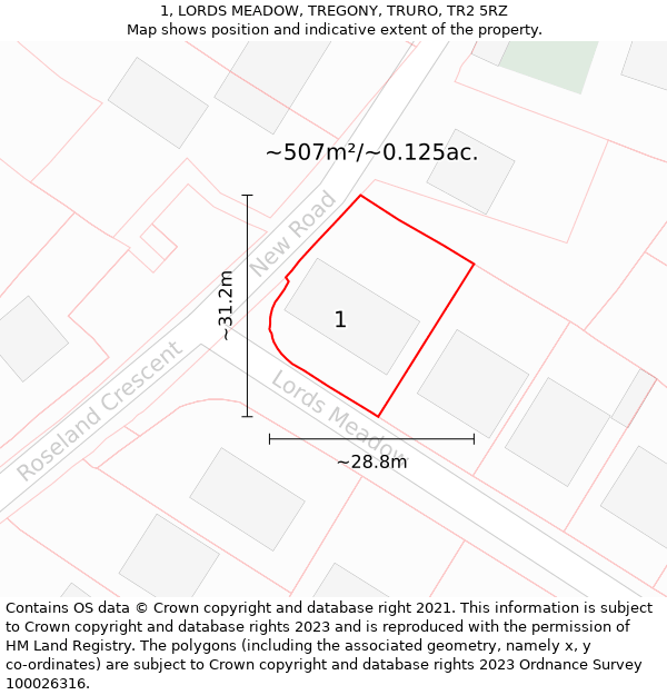 1, LORDS MEADOW, TREGONY, TRURO, TR2 5RZ: Plot and title map